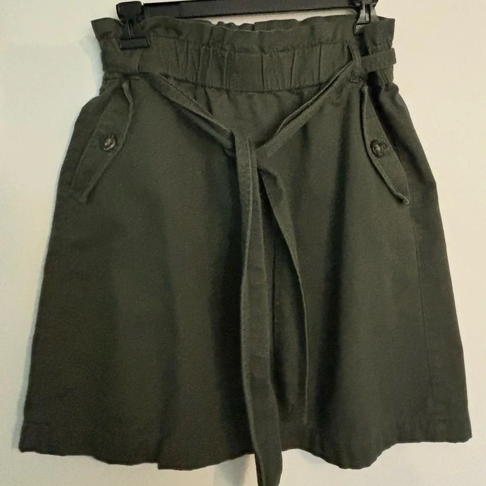 Loft Womens Army Green Sz 4 Twill Mini Skirt Side Pocket Button Detail Tie Waist